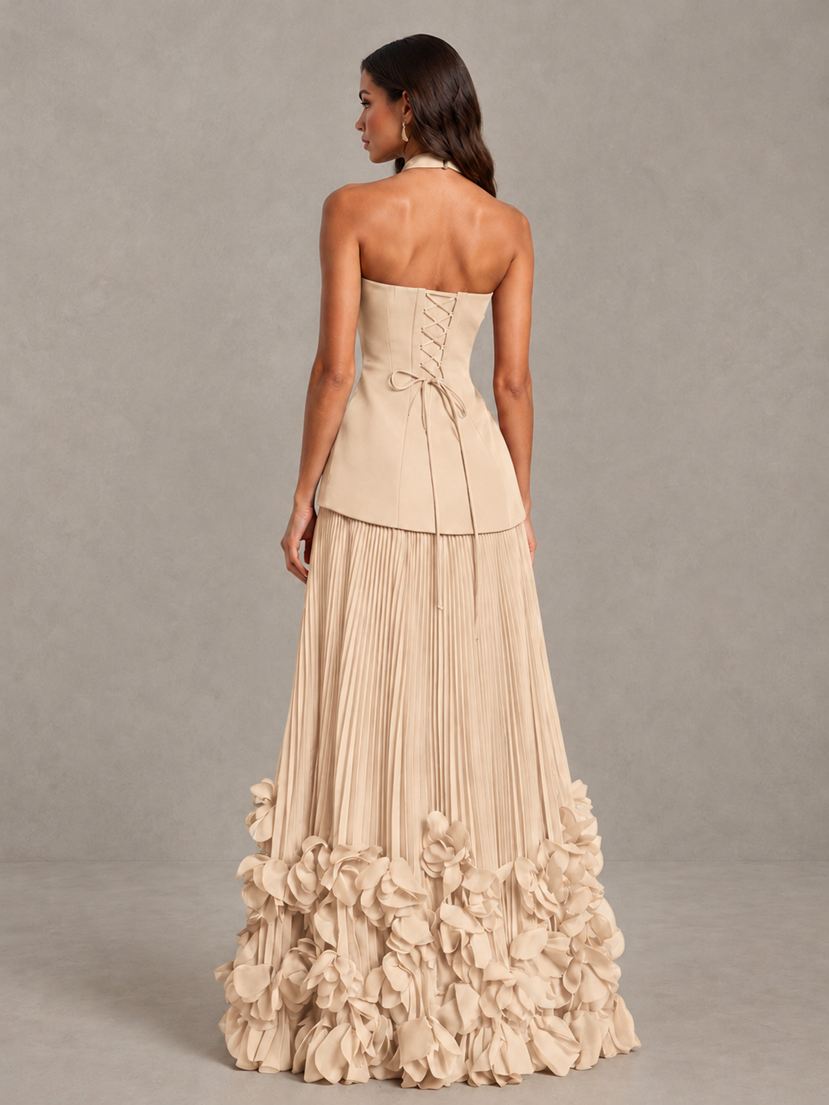 BOLODOO Champagne Halter Neck Floor-Length Evening Gown with High Slit & 3D Floral Hem - Champagne - Champagne (2)