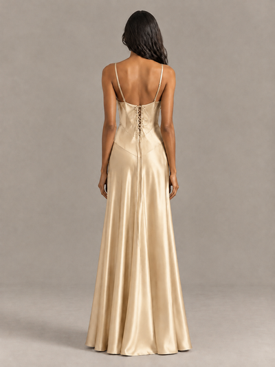 BOLODOO Champagne Satin Lace-Up Back Maxi Dress - Champagne