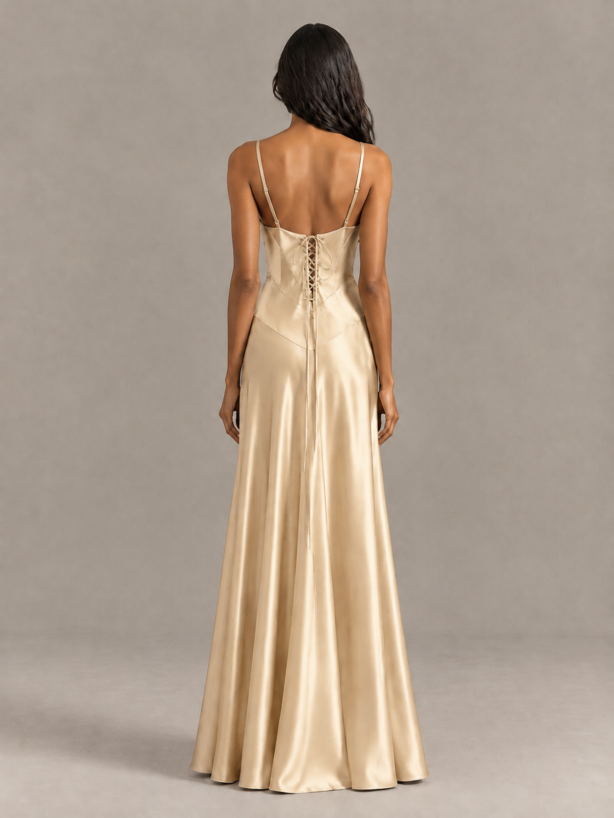 BOLODOO Champagne Satin Lace-Up Back Maxi Dress - Champagne