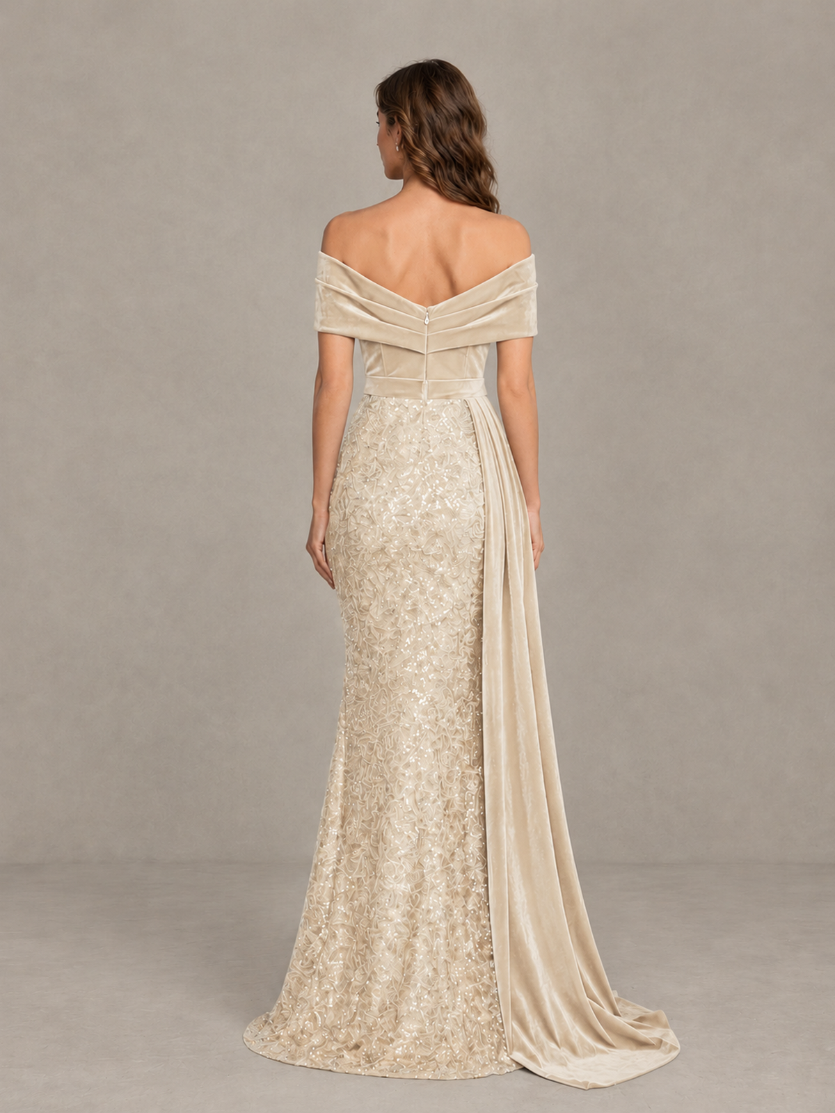 BOLODOO Champagne Off-Shoulder Velvet & Sequin Evening Gown with Side Train - Champagne - Champagne (2)