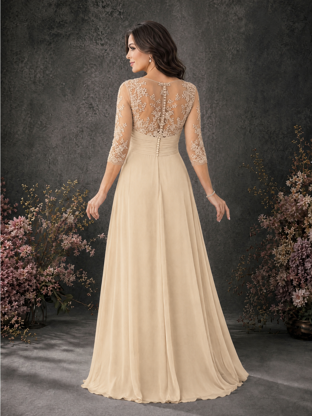 BOLODOO Champagne Chiffon Lace Illusion Neckline 3/4 Sleeve Floor Length Formal Gown - Champagne
