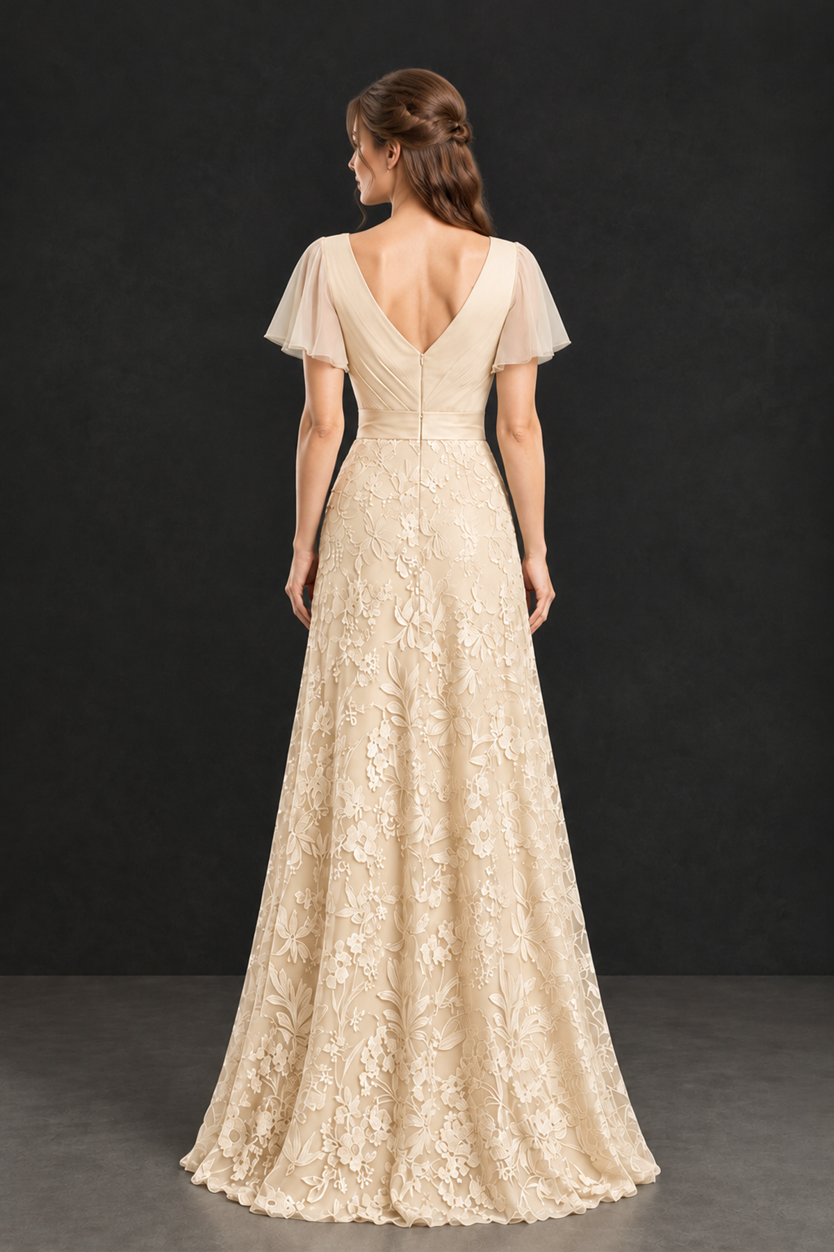 BOLODOO Champagne Flutter Sleeve Lace Mother of the Bride Dress - Champagne