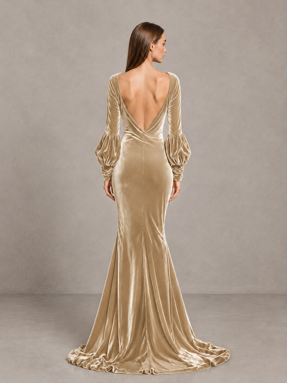 BOLODOO Champagne Velvet V-Neck Long Sleeve Open Back Mermaid Evening Gown - Champagne - Champagne (2)