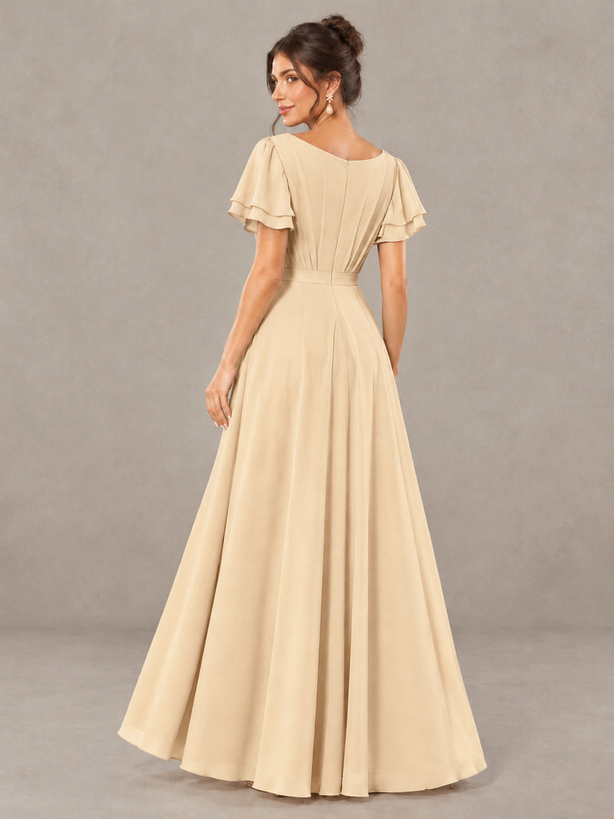 BOLODOO Champagne Flutter Sleeve Ruffle Bridesmaid Dress with Slit - Champagne - Champagne (2)