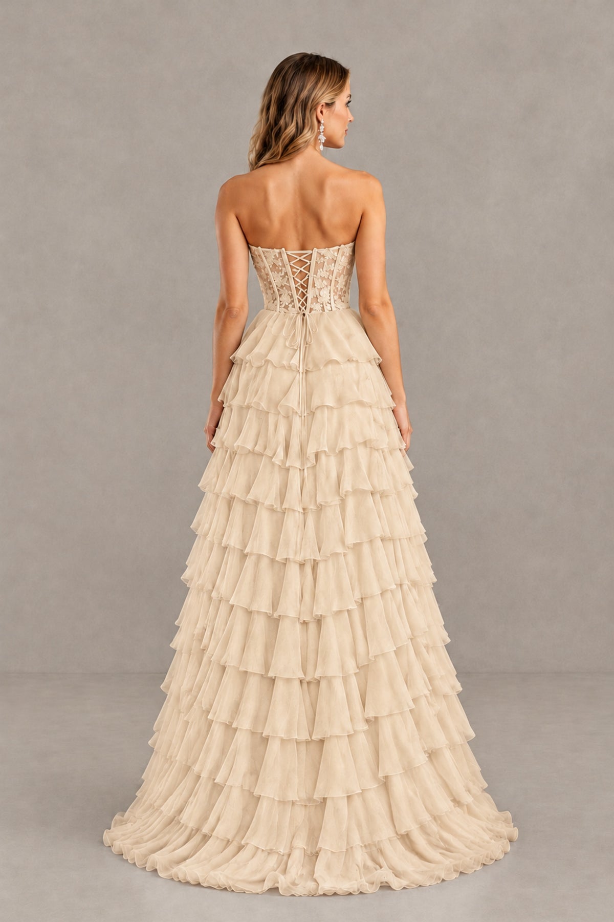 BOLODOO Champagne Strapless Lace Corset Tiered Ruffle Prom Dress with Slit - Champagne - Champagne (2)