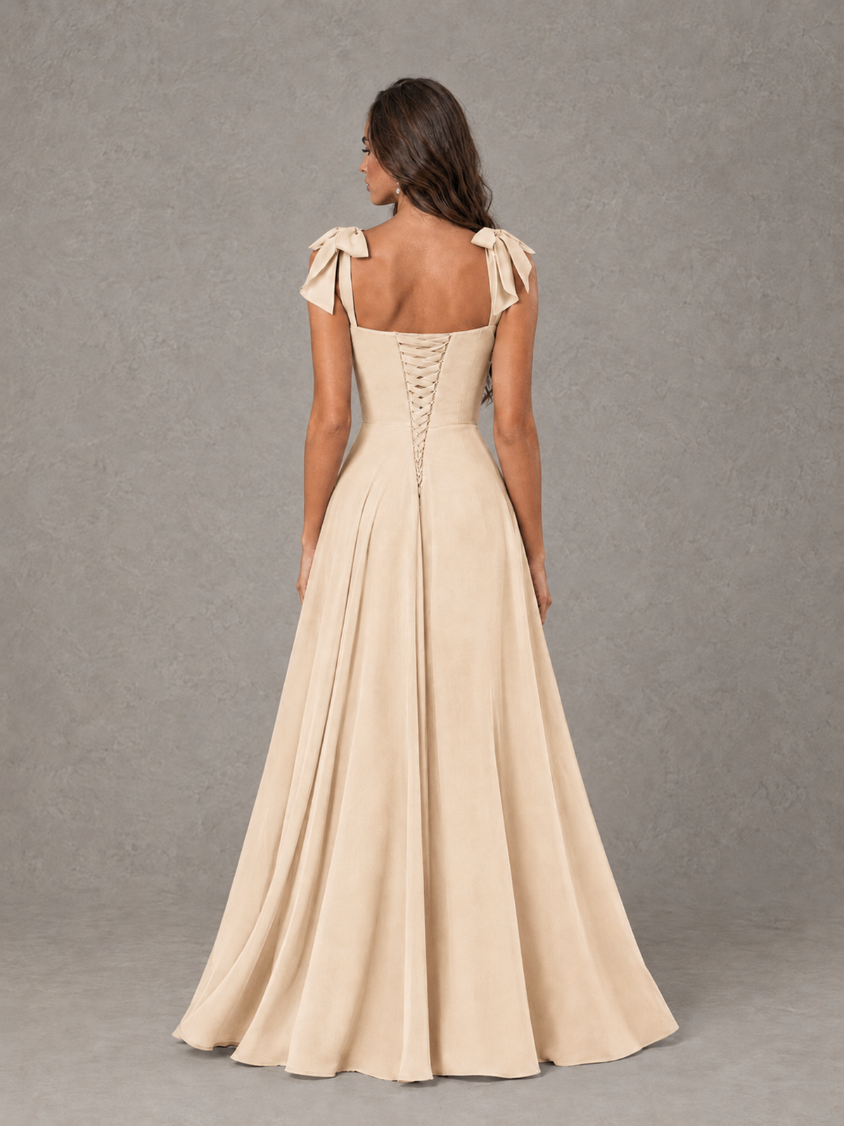 BOLODOO Champagne Bow-Strap Bridesmaid Dress with Ruffle Slit - Champagne - Champagne (2)