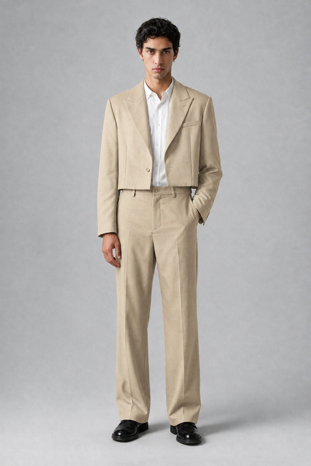 Bolodoo Men's Champagne Cropped Blazer & Wide-Leg Trousers 2-Piece Suit - Champagne - Champagne (2)