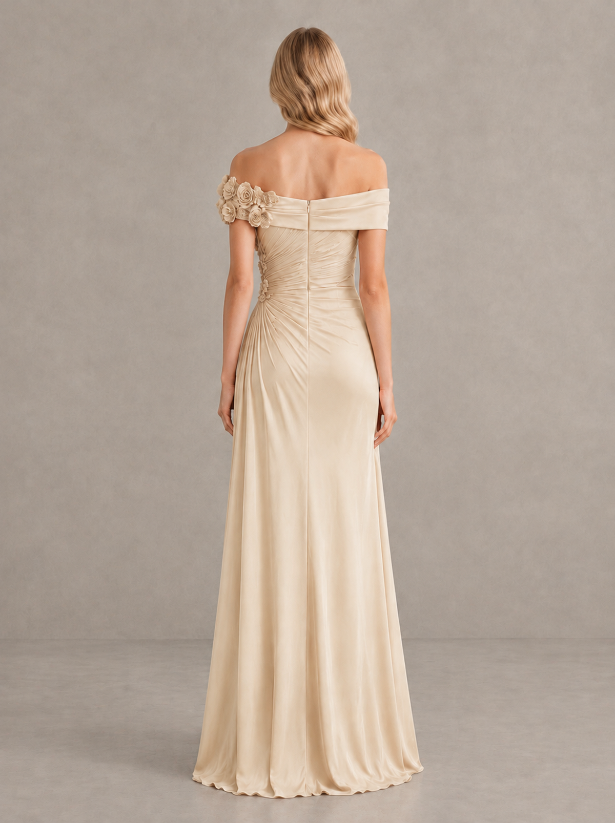 BOLODOO Champagne Off-Shoulder Floral Applique Wedding Guest Maxi Dress - Champagne - Champagne (2)