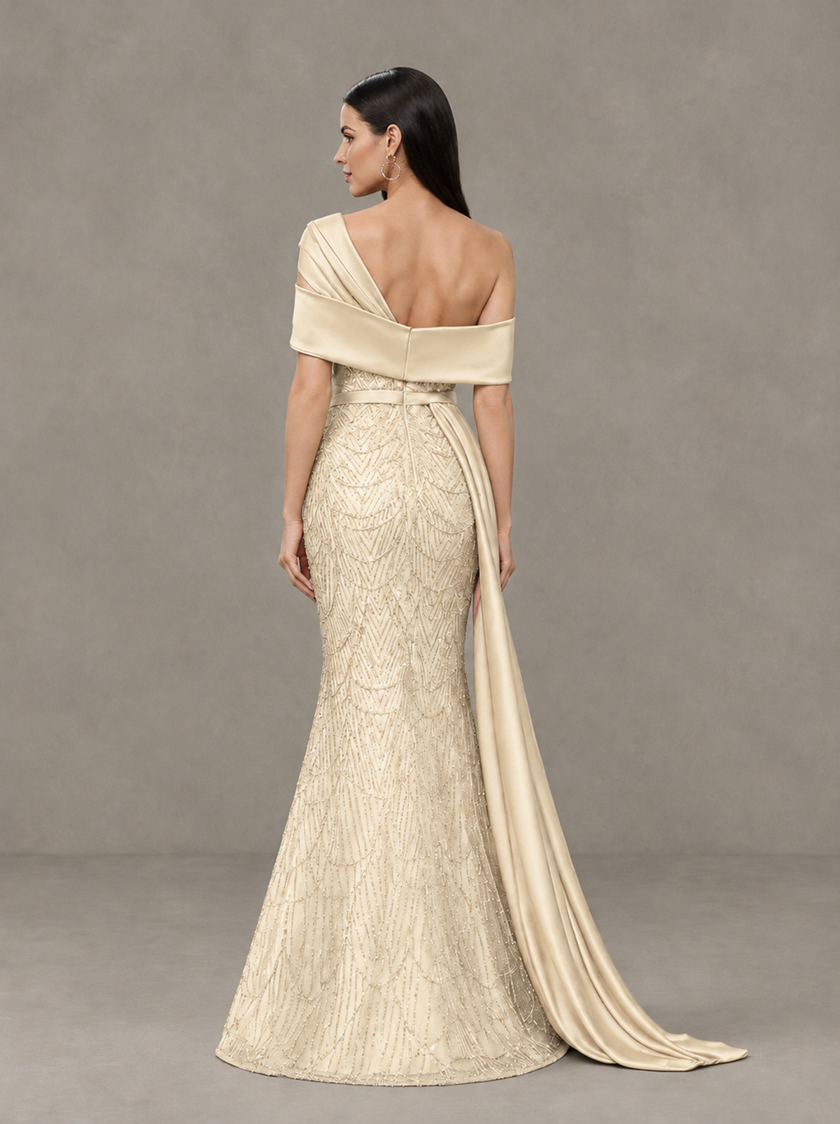 BOLODOO Champagne Asymmetric Draped Mermaid Evening Gown with Train - Champagne - Champagne (2)
