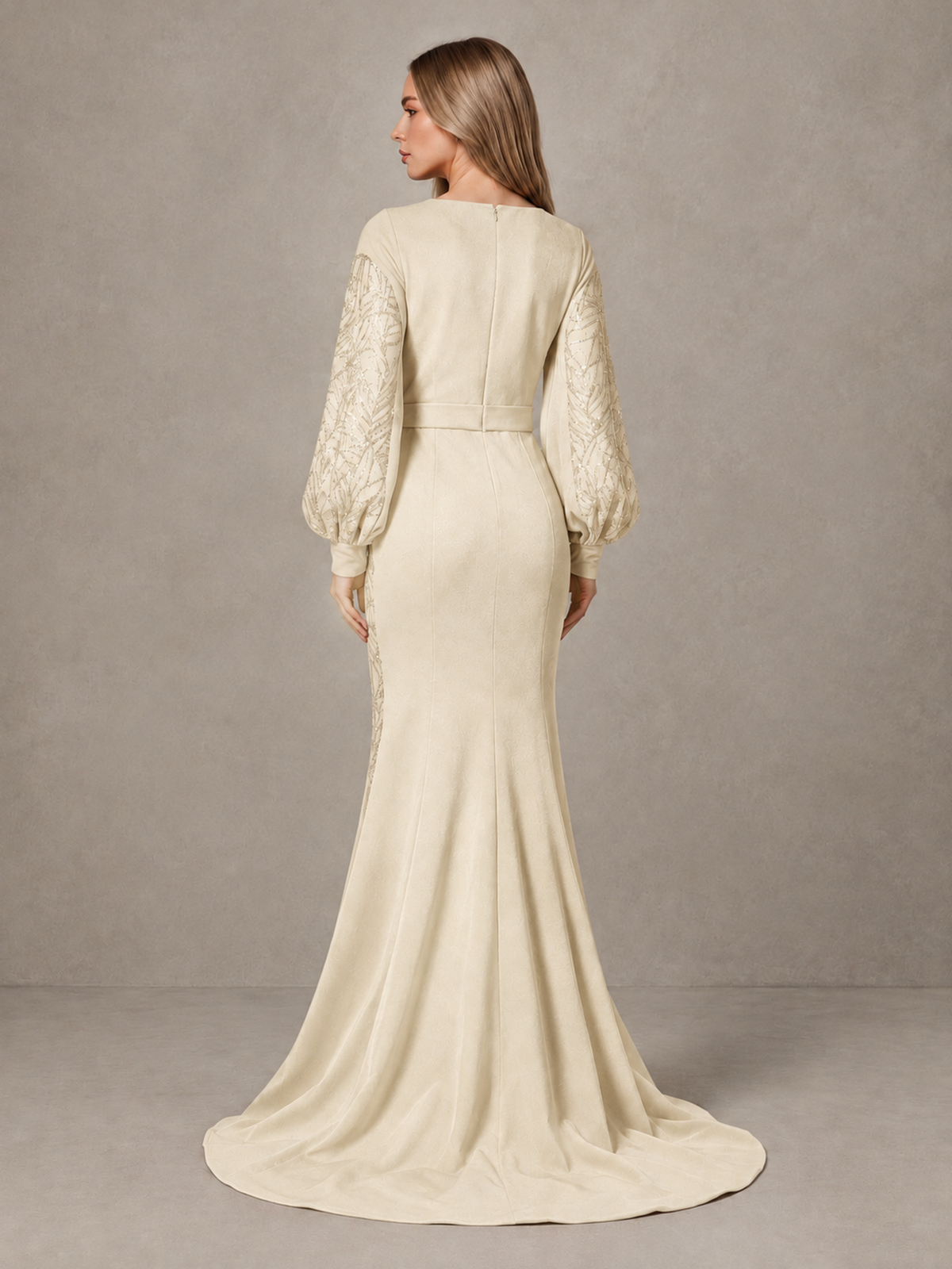 BOLODOO Champagne Sequin Long Bishop Sleeve Mermaid Evening Dress - Champagne - Champagne (2)