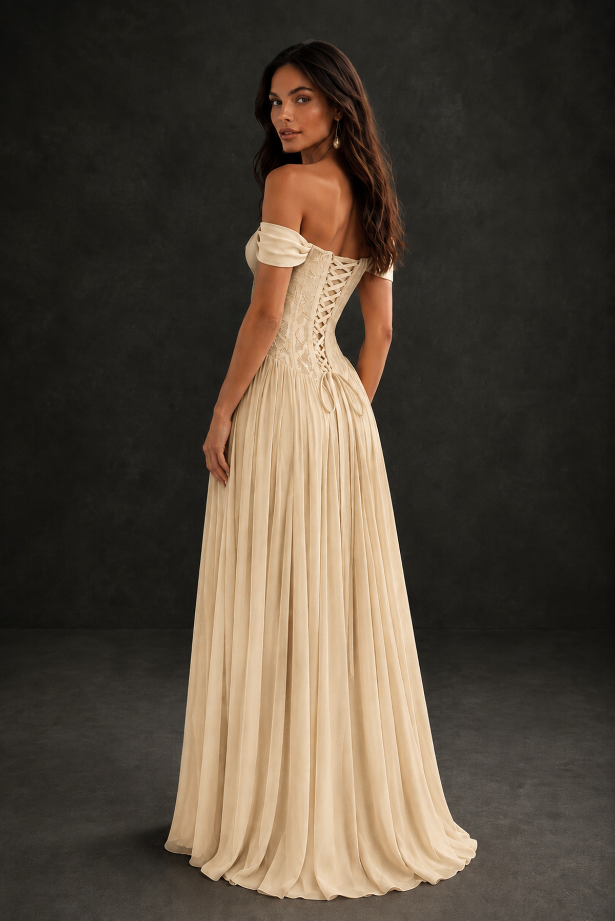 BOLODOO Champagne Off-Shoulder Lace Corset Tulle Maxi Dress - Champagne