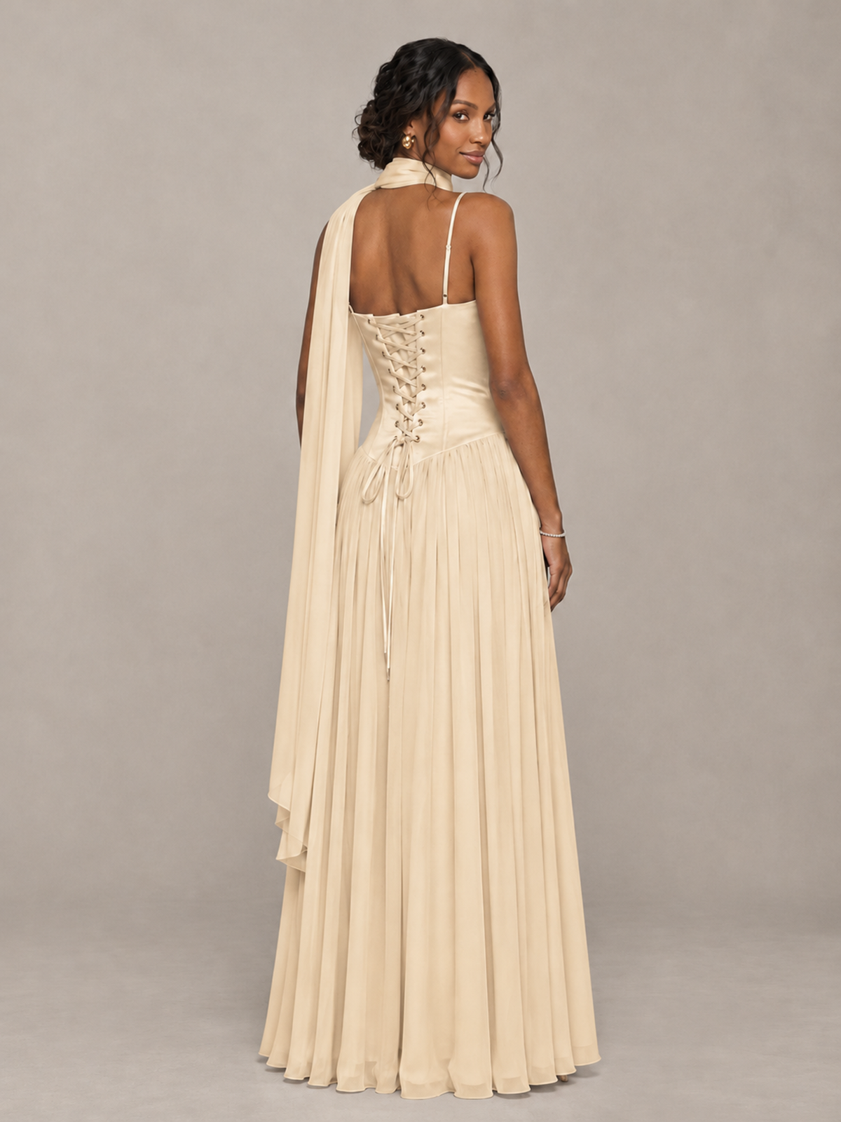 BOLODOO Champagne Corset Bridesmaid Dress with Scarf - Champagne - Champagne (2)