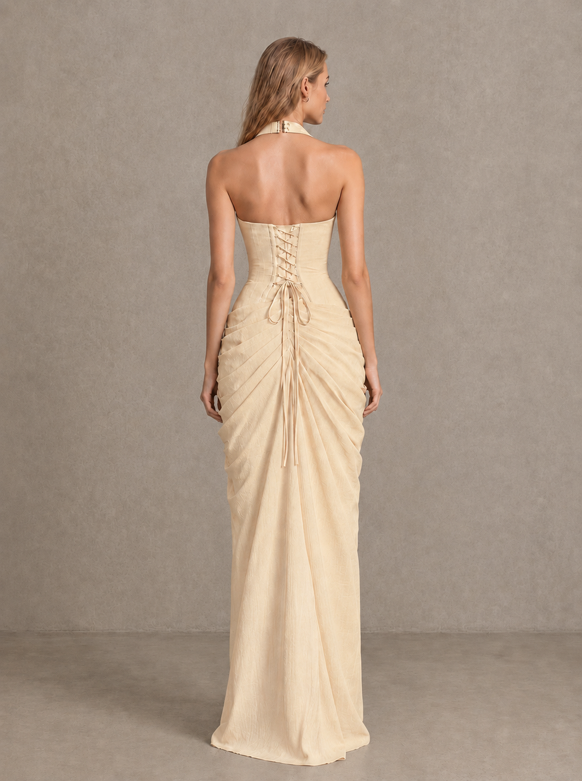 BOLODOO Champagne Halter Neck Ruched Maxi Dress with High Slit - Champagne