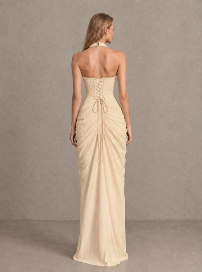 BOLODOO Champagne Halter Neck Ruched Maxi Dress with High Slit - Champagne