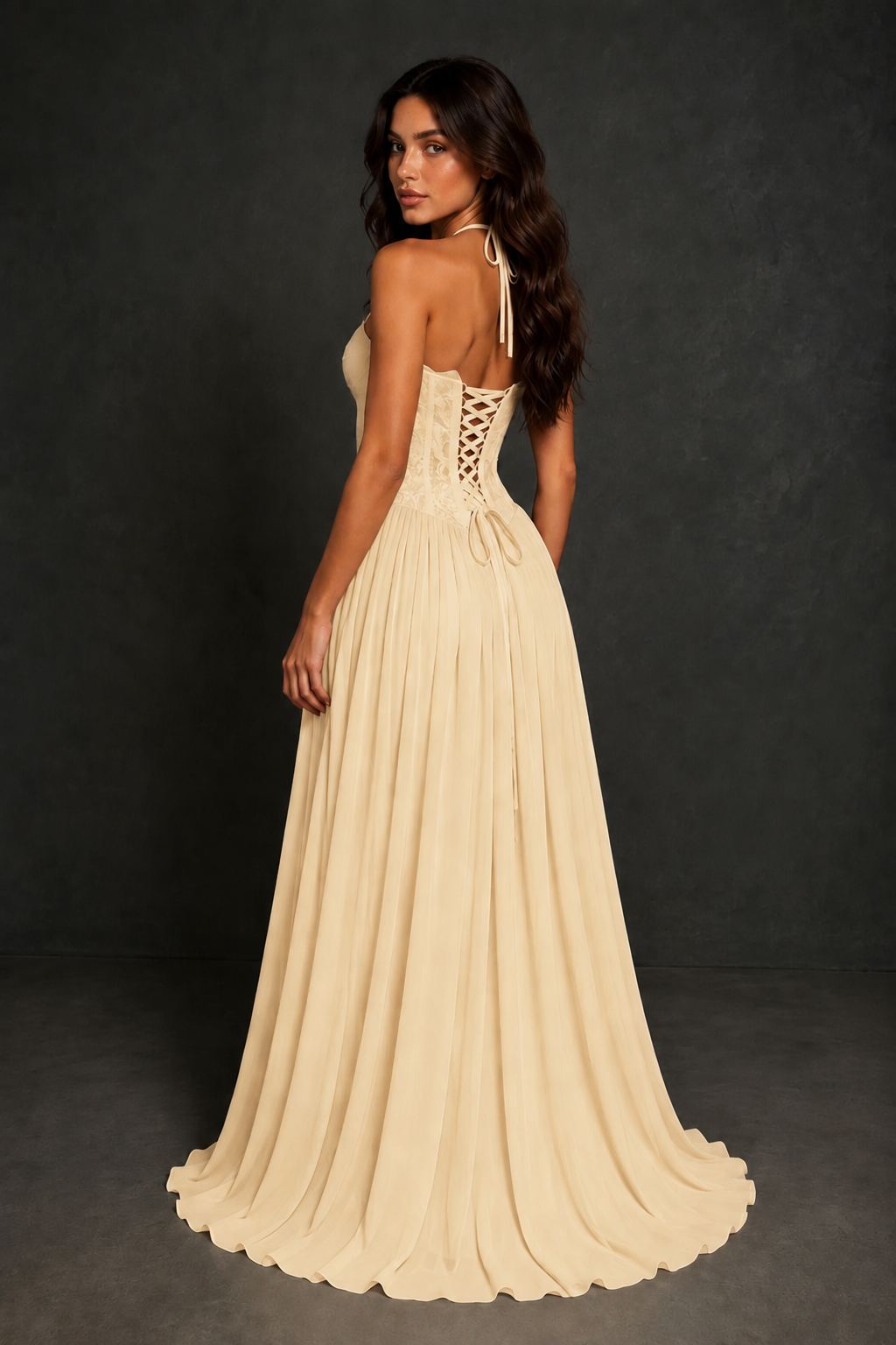 BOLODOO Champagne Lace Corset Halter Maxi Gown – Backless A-Line Formal Dress - Champagne