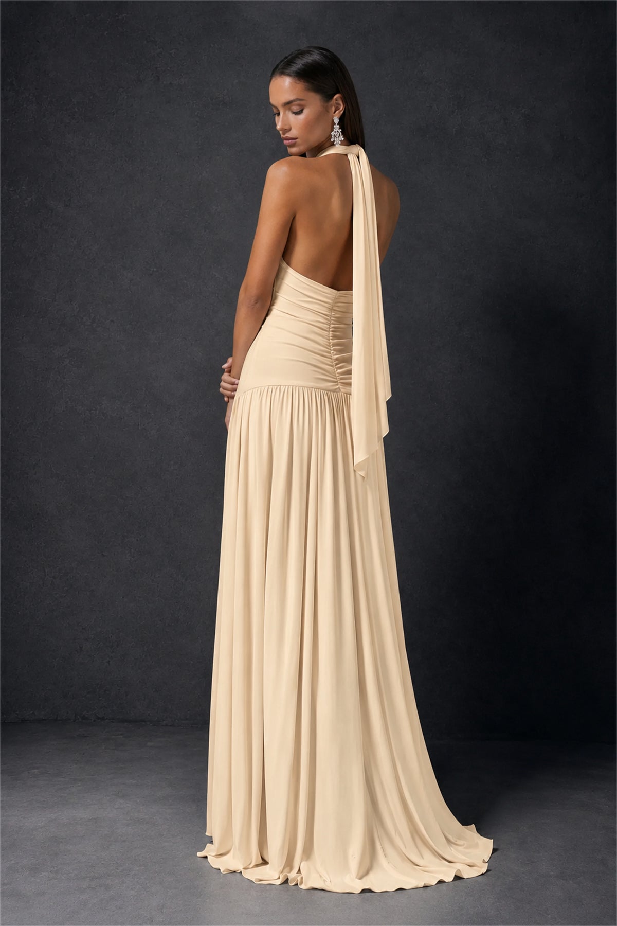 BOLODOO Champagne Halter Deep V-Neck Ruched Chiffon Open Back Maxi Dress with Draped Neck Tie - Champagne