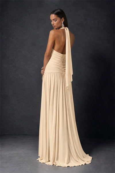 BOLODOO Champagne Halter Deep V-Neck Ruched Chiffon Open Back Maxi Dress with Draped Neck Tie - Champagne