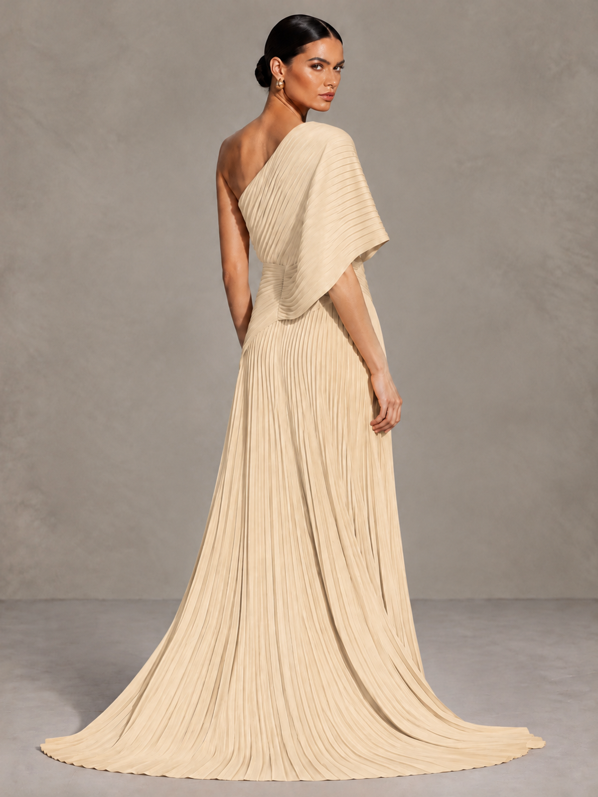 BOLODOO Champagne One-Shoulder Pleated Cape Evening Gown with Train - Champagne - Champagne (2)