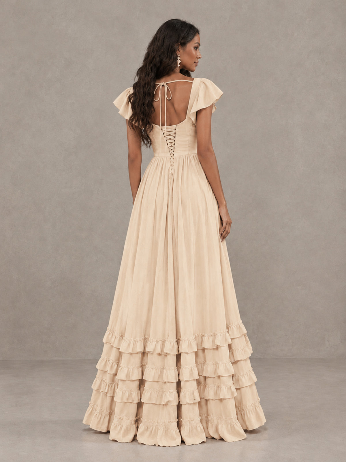 BOLODOO Champagne Flutter Sleeve Ruffle Bridesmaid Dress with Slit - Champagne - Champagne (2)