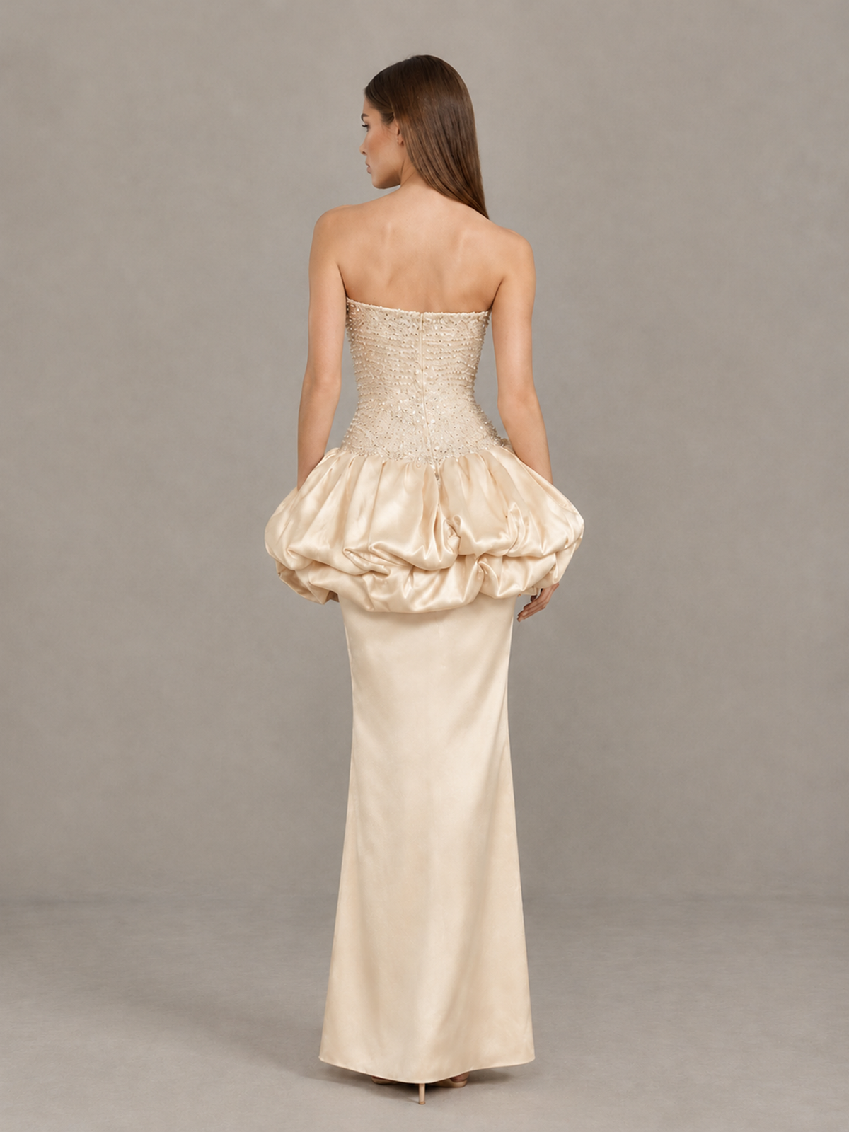 BOLODOO Champagne Strapless Embellished Bubble Peplum Evening Dress - Champagne - Champagne (2)