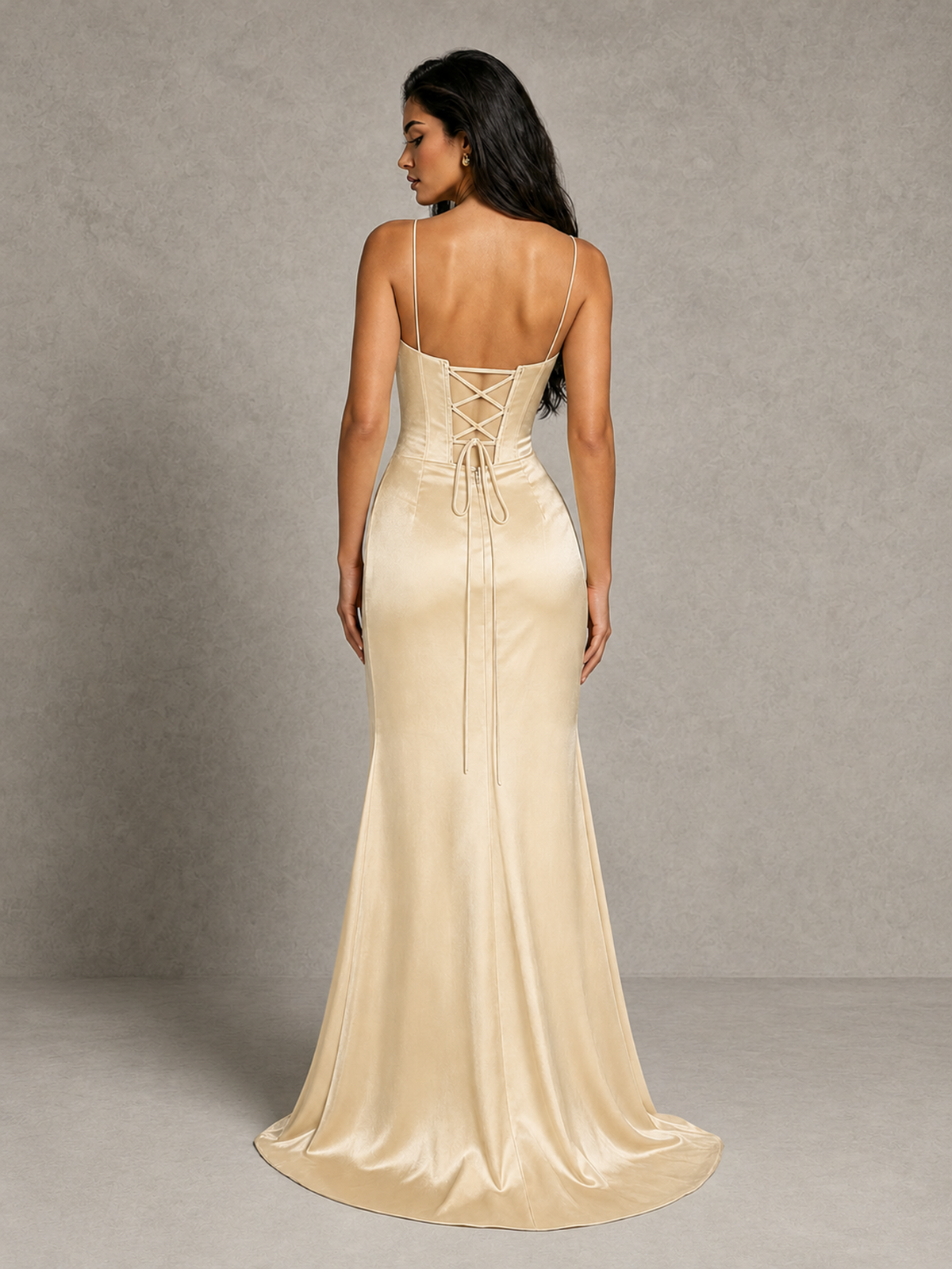 BOLODOO Champagne Satin Corset Prom Dress with High Slit & Lace-Up Back - Champagne - Champagne (2)