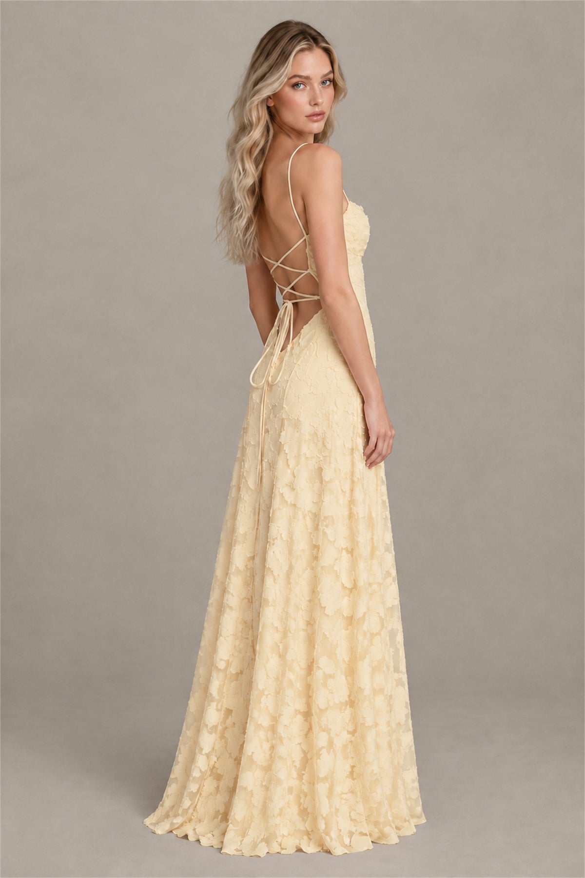 BOLODOO Champagne Floral Appliqué Lace-Up Back Maxi Dress - Champagne