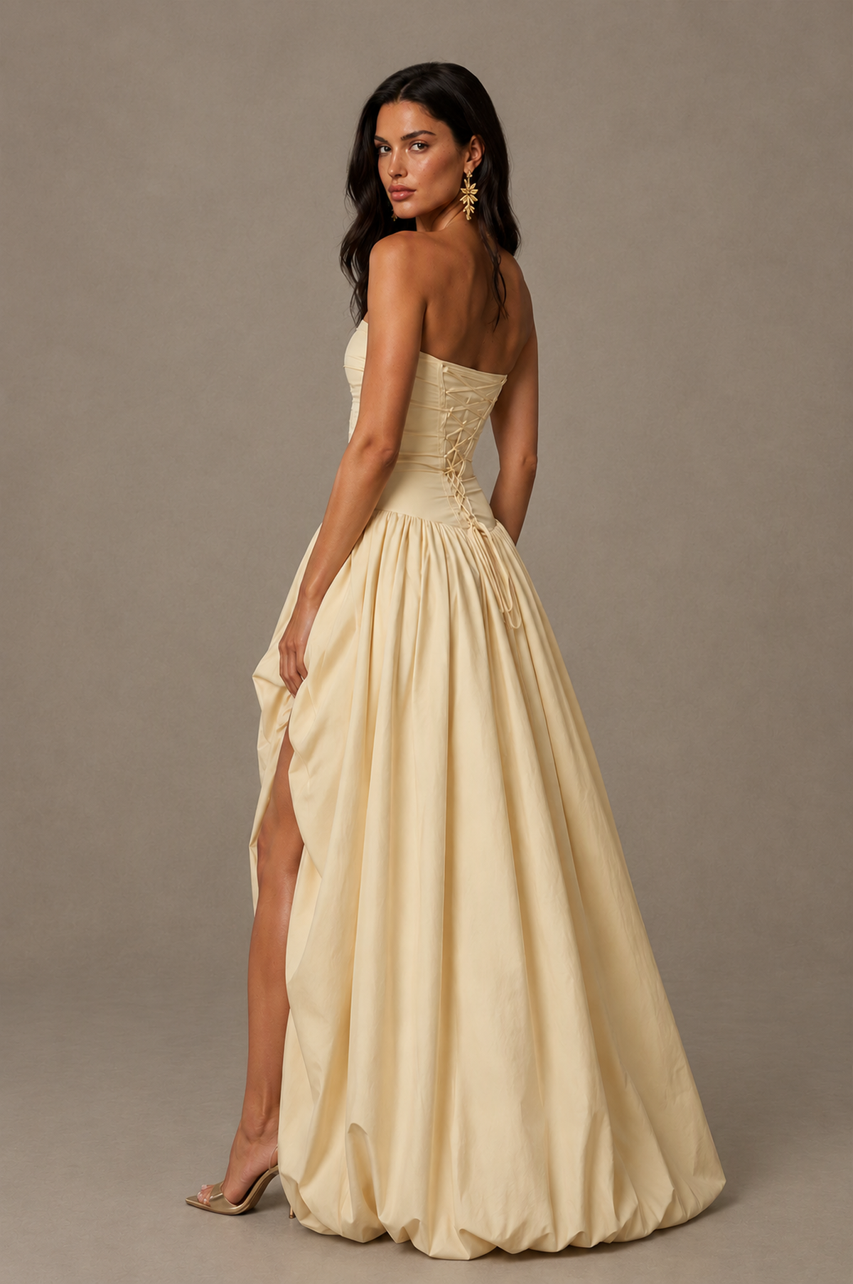 BOLODOO Champagne Strapless Ruched Corset Lace-Up Back Bubble Skirt High Slit Taffeta Maxi Dress - Champagne