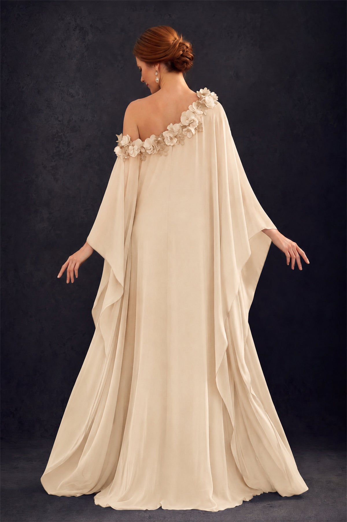 BOLODOO Champagne 2-Piece Set: Off-Shoulder 3D Floral Cape Gown & One-Shoulder Wide-Leg Jumpsuit | BD0373 - Champagne