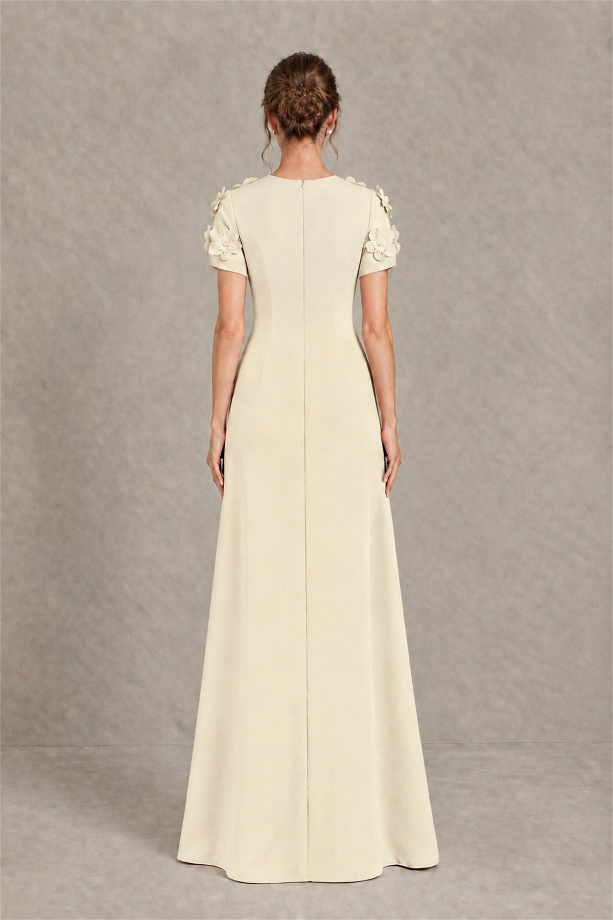 BOLODOO Champagne Textured Floral Maxi Dress with Short Sleeves - Champagne
