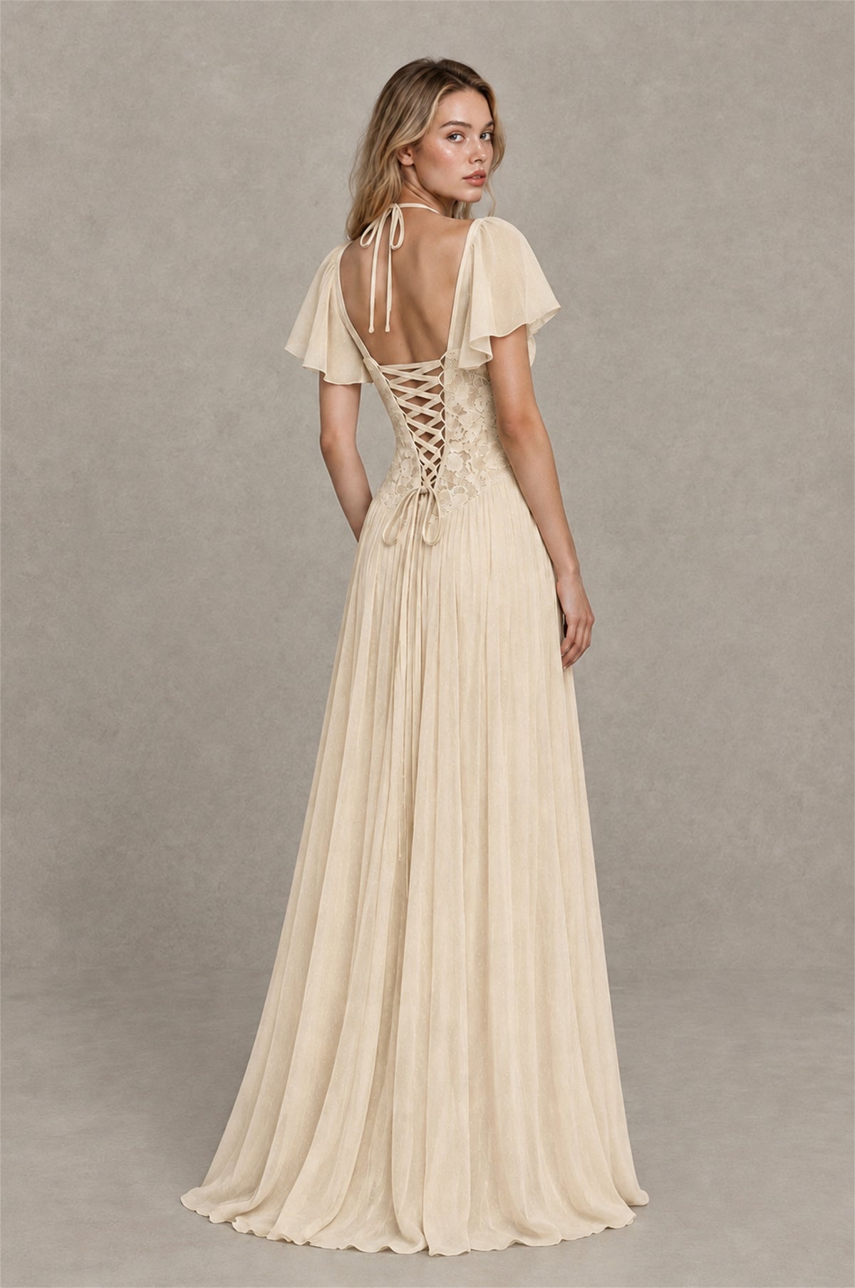 BOLODOO Champagne Flutter Sleeve Lace Corset A-Line Maxi Dress - Champagne - Champagne (2)