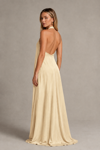 BOLODOO Champagne Backless Halter Satin Bridesmaid Dress - Champagne