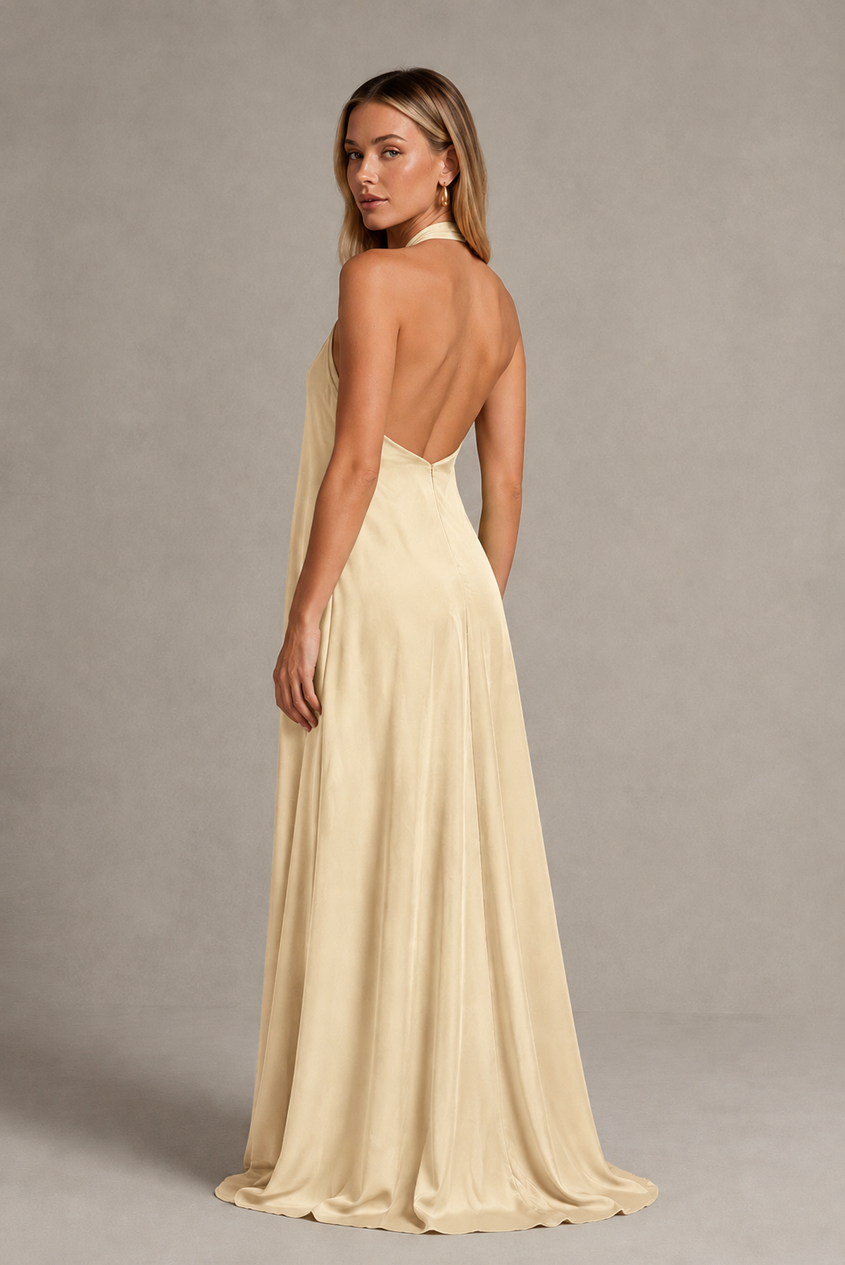 BOLODOO Champagne Backless Halter Satin Bridesmaid Dress - Champagne