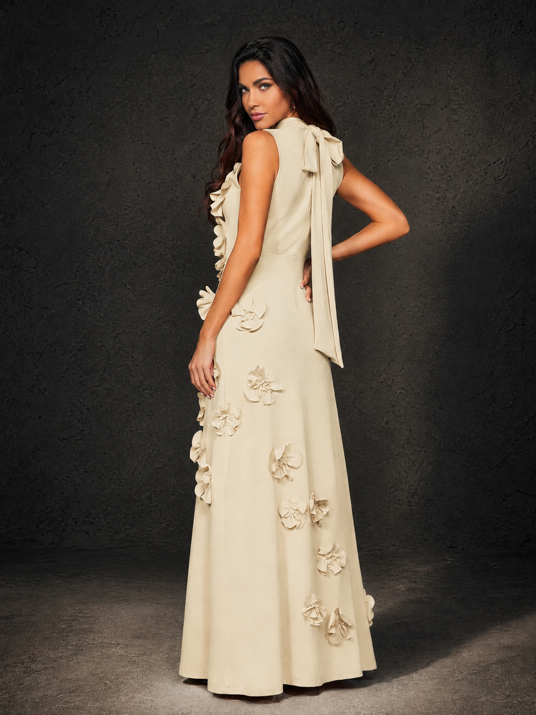 BOLODOO Champagne Mock Neck Sleeveless 3D Floral Appliqué Maxi Dress with Bow Back - Champagne