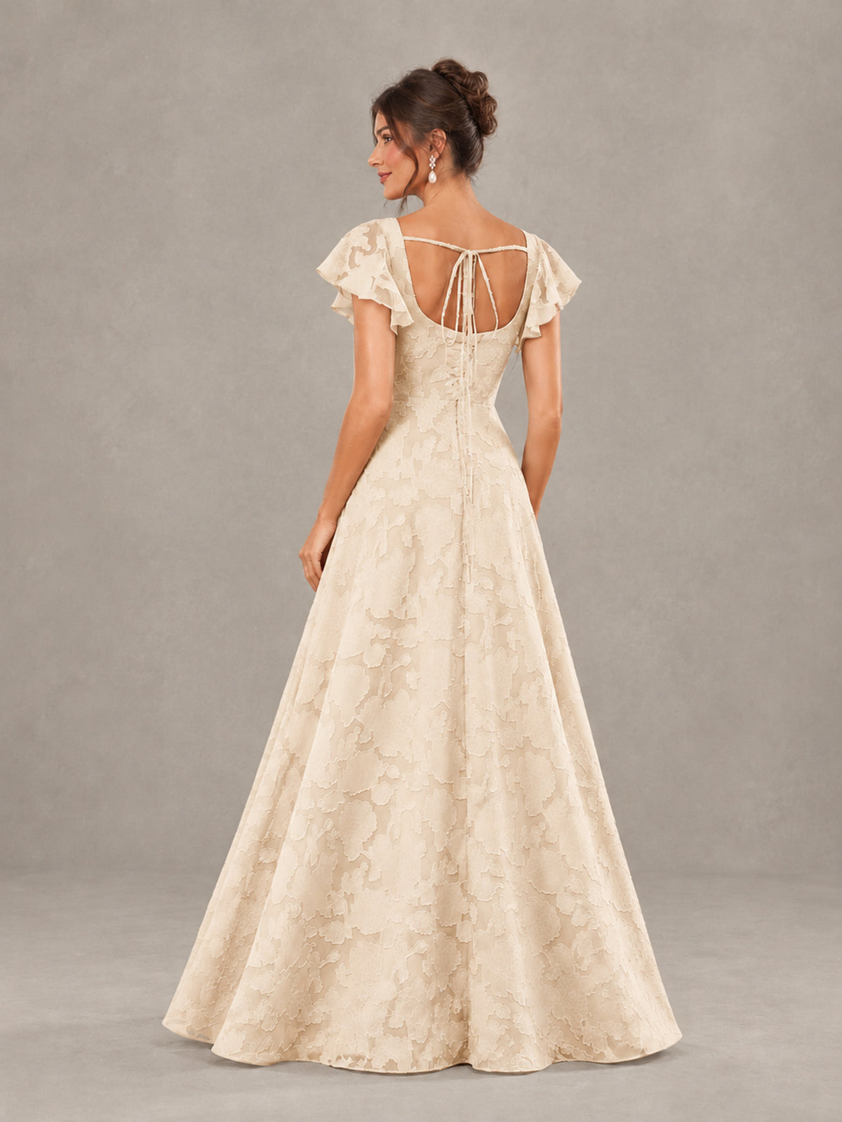 BOLODOO Champagne Floral Flutter Sleeve Bridesmaid Dress with Slit - Champagne - Champagne (2)