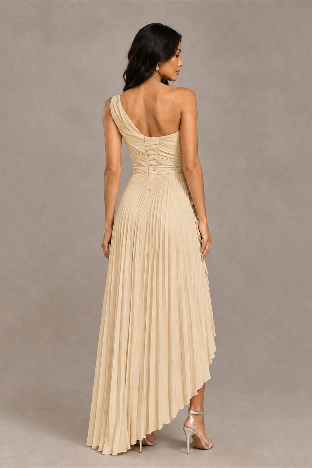 BOLODOO Champagne One-Shoulder High-Low Ruffle Maxi Dress - Champagne