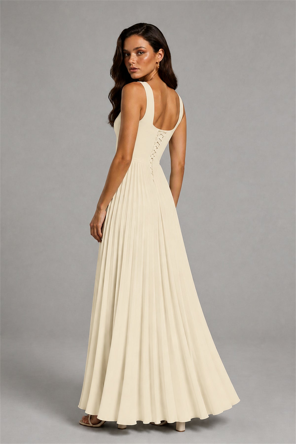 BOLODOO Champagne Square Neck Wide Strap Lace-Up Back Pleated A-Line Chiffon Maxi Dress - Champagne