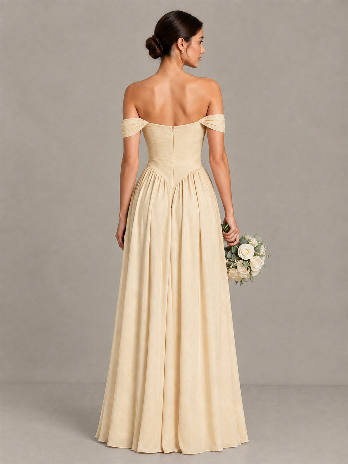 BOLODOO Champagne Off-Shoulder Chiffon A-Line Bridesmaid Dress - Champagne