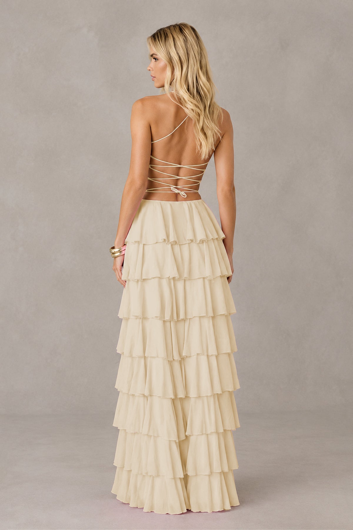 BOLODOO Champagne Strapless Tiered Ruffle Maxi Dress with Slit & Lace-Up Back - Champagne