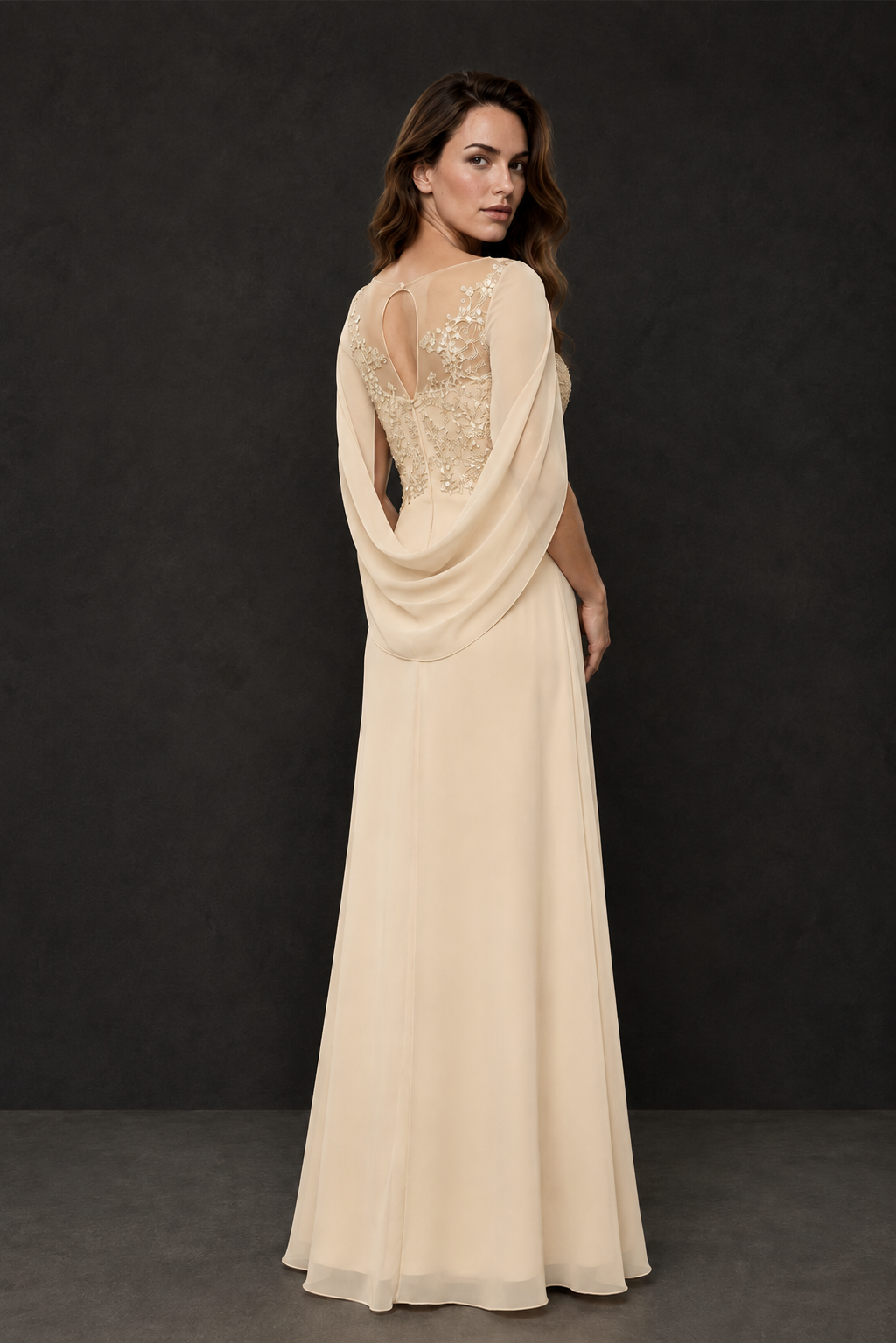 BOLODOO Champagne Illusion Lace One-Side Cape Sleeve Beaded Chiffon Floor Length Gown | Mother of the Bride Evening Dress - Champagne