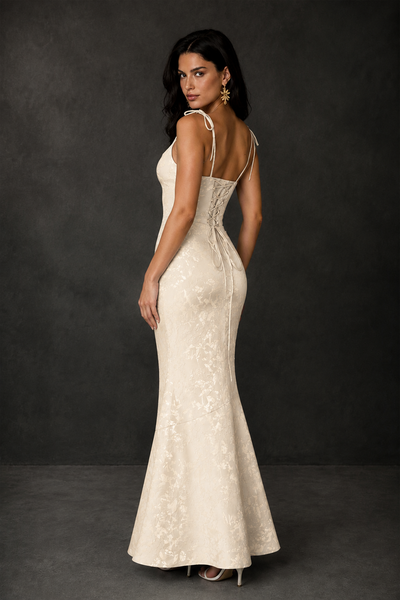 BOLODOO Champagne Scoop Neck Tie Strap Lace-Up Back Floral Jacquard Mermaid Maxi Dress - Champagne