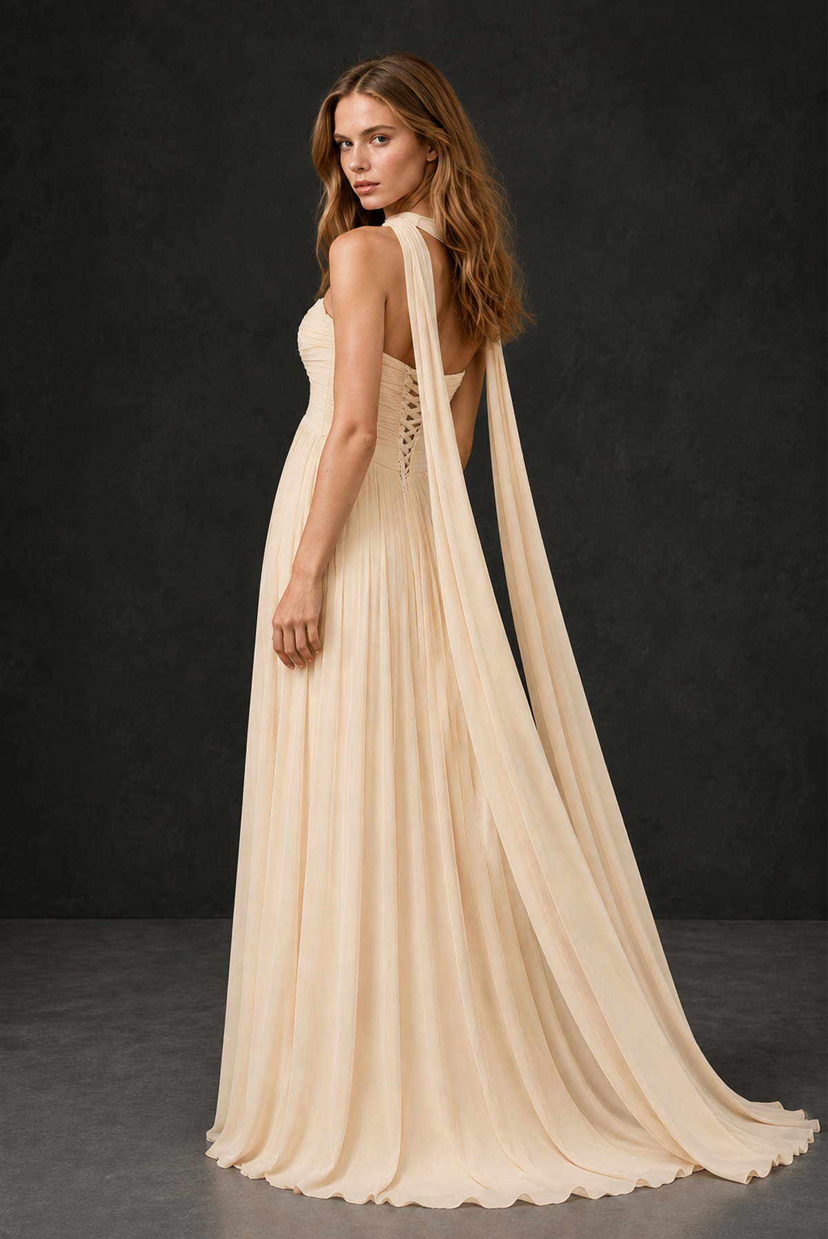 BOLODOO Champagne Sweetheart Strapless Twist Knot Detached Halter Scarf Lace-Up Back Empire Waist Chiffon Maxi Dress - Champagne