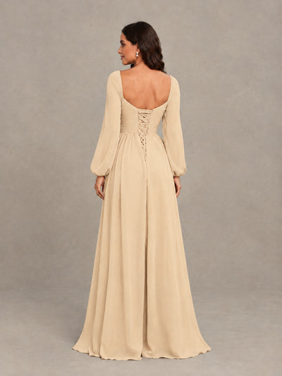 BOLODOO Champagne Long Sleeve Chiffon Bridesmaid Dress with Slit - Champagne - Champagne (2)