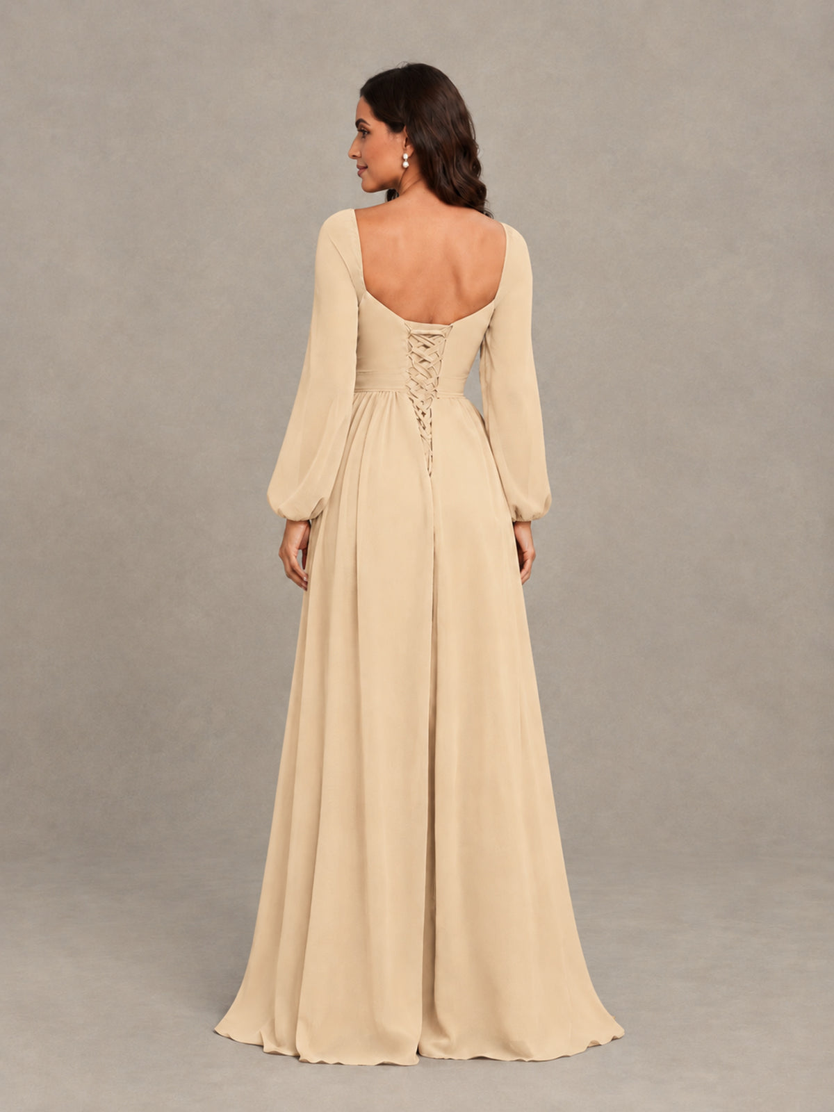 BOLODOO Champagne Long Sleeve Chiffon Bridesmaid Dress with Slit - Champagne - Champagne (2)