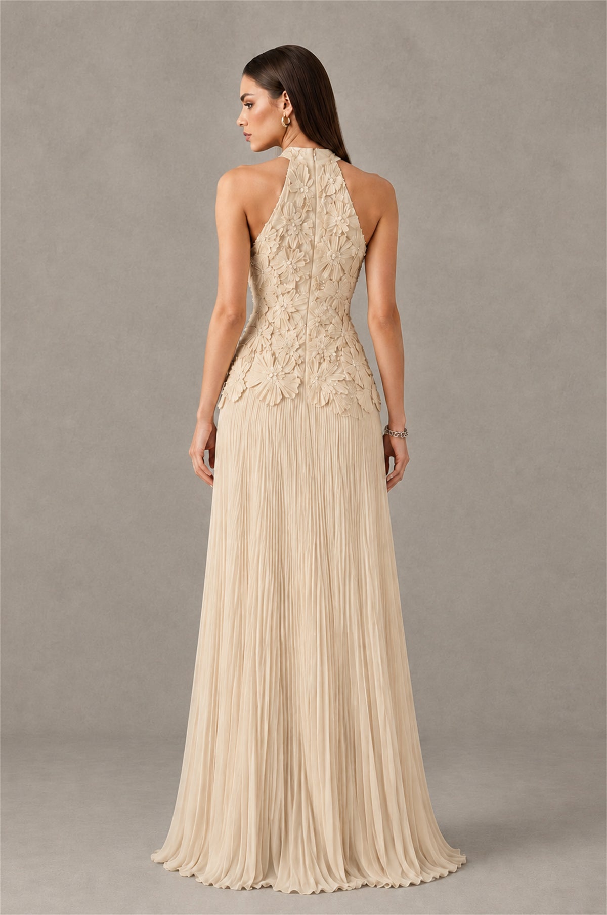 BOLODOO Champagne 3D Floral Applique Halter Neck Open Back Pleated Maxi Dress - Champagne