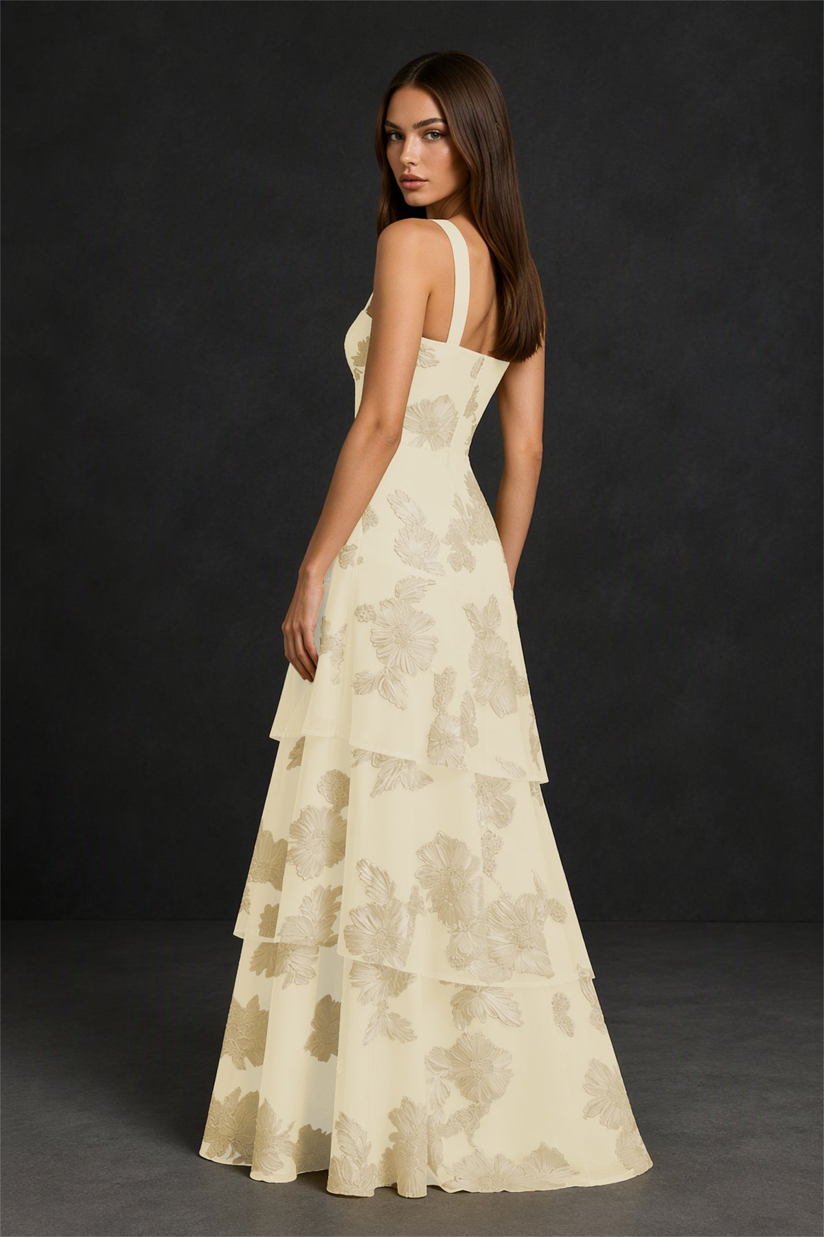 BOLODOO Champagne Crisscross Halter Neck Champagne Floral Embroidered Triple Tiered A-Line Tulle Maxi Dress - Champagne