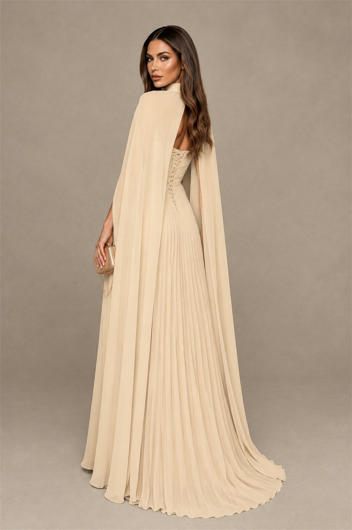 BOLODOO Champagne Strapless Crossover Ruched Bodice Detached Turtleneck Cape Lace-Up Back Pleated Chiffon Maxi Dress - Champagne