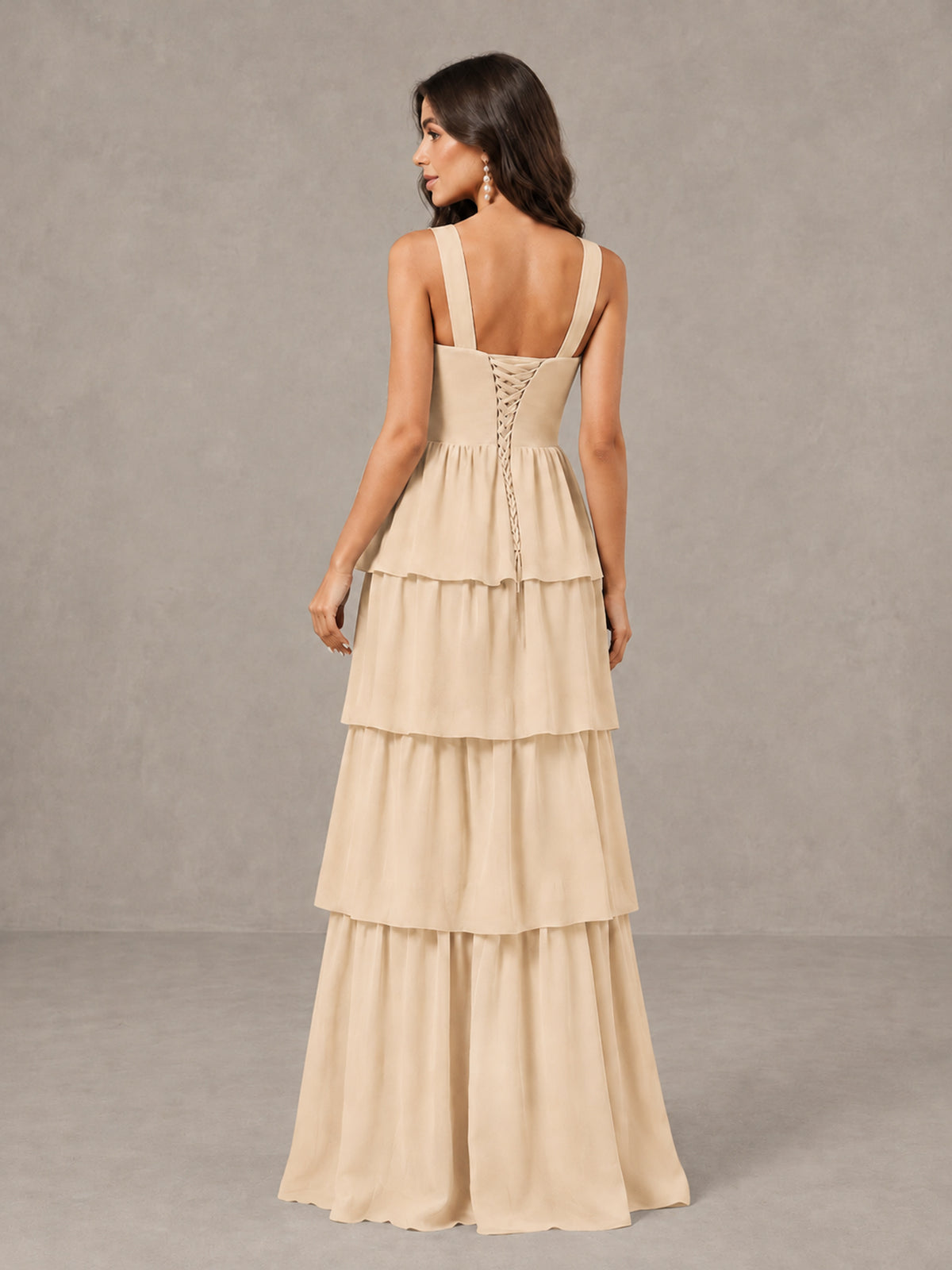 BOLODOO Champagne Square Neck Tiered Bridesmaid Dress with Slit - Champagne - Champagne (2)