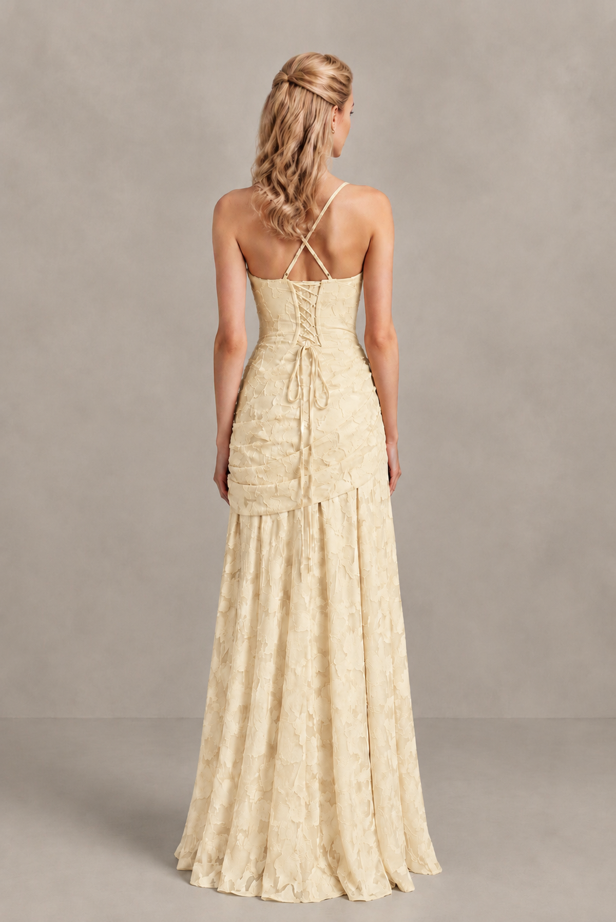 BOLODOO Champagne Ruched Floral Maxi Dress with Lace-Up Back - Champagne