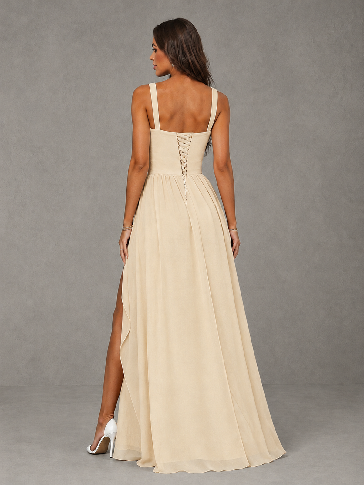 BOLODOO Champagne A-Line Bridesmaid Dress with High Slit & Lace-Up Back - Champagne - Champagne (2)
