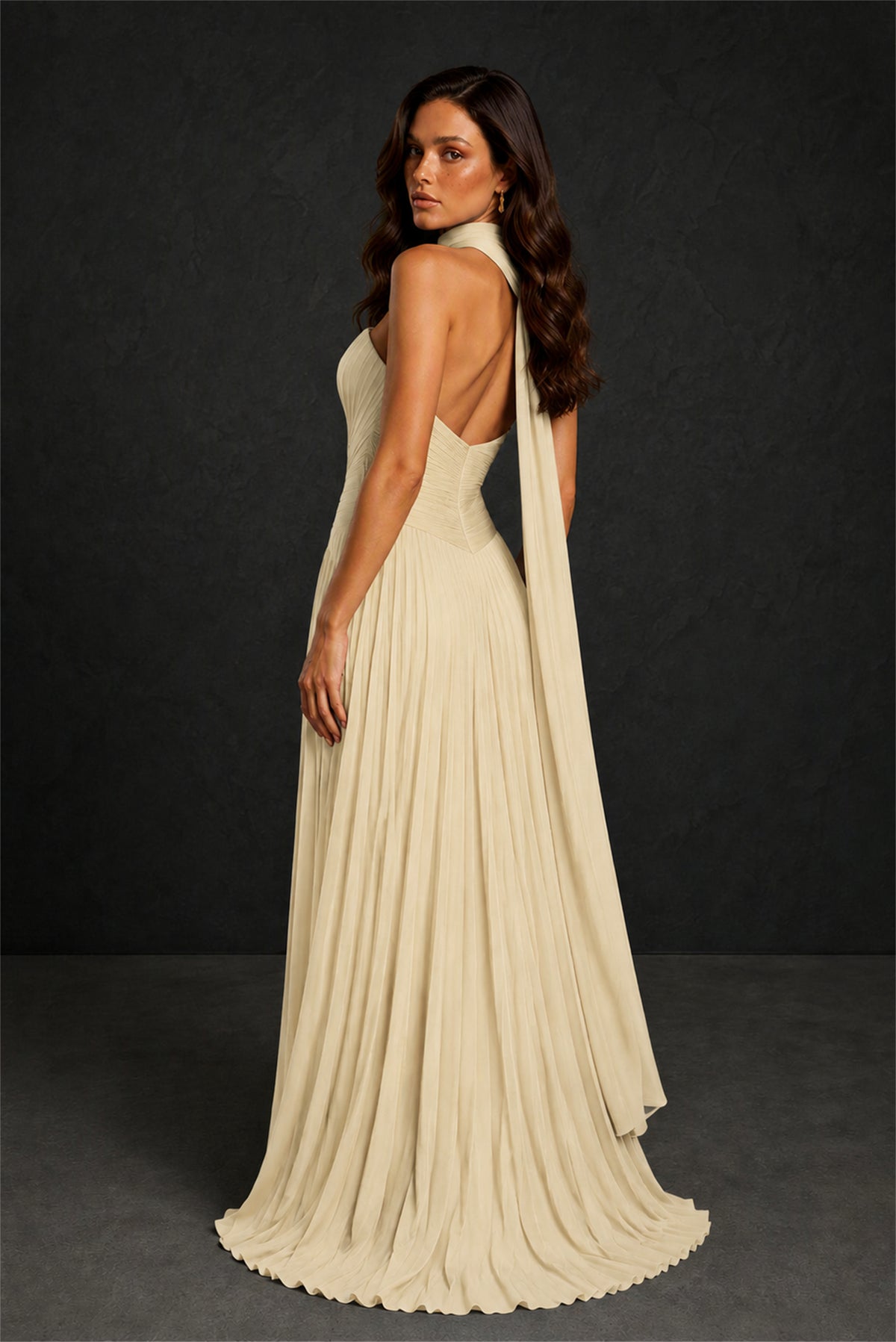 BOLODOO Champagne Sweetheart Strapless Neck Scarf Pleated Backless A-Line Chiffon Maxi Dress - Champagne